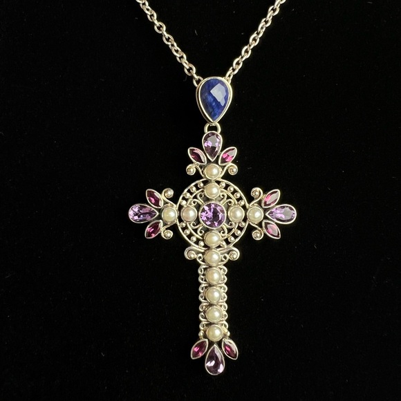 ✝️NICKY BUTLER Sterling Silver Blue Sapphire Corundum Pearl Pendant Necklace NEW - Picture 3 of 7